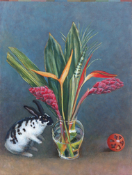 Still life with vase of flowers and rabbit