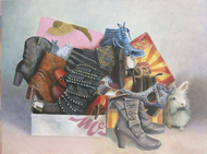 Still life with pile of shoes and rabbit